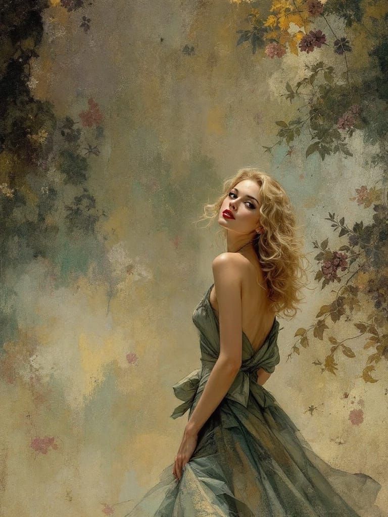 1950s Pin Up Woman in Atmospheric Oil Painting Style