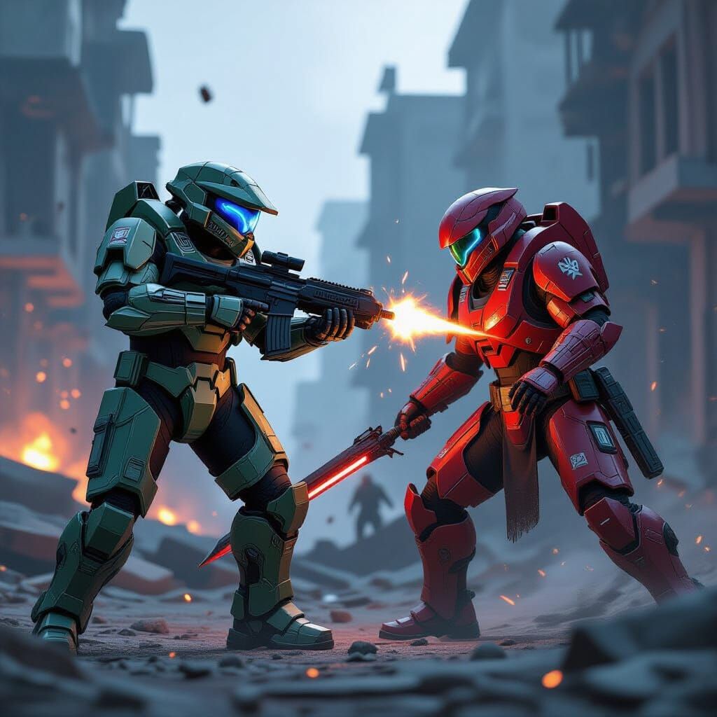 UNSC Spartan Battles Elite Guard in Urban Ruins