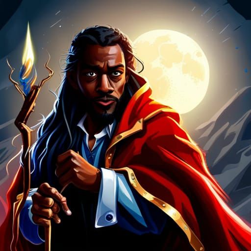 Black American Wizard Casting Lightning in a Landscape