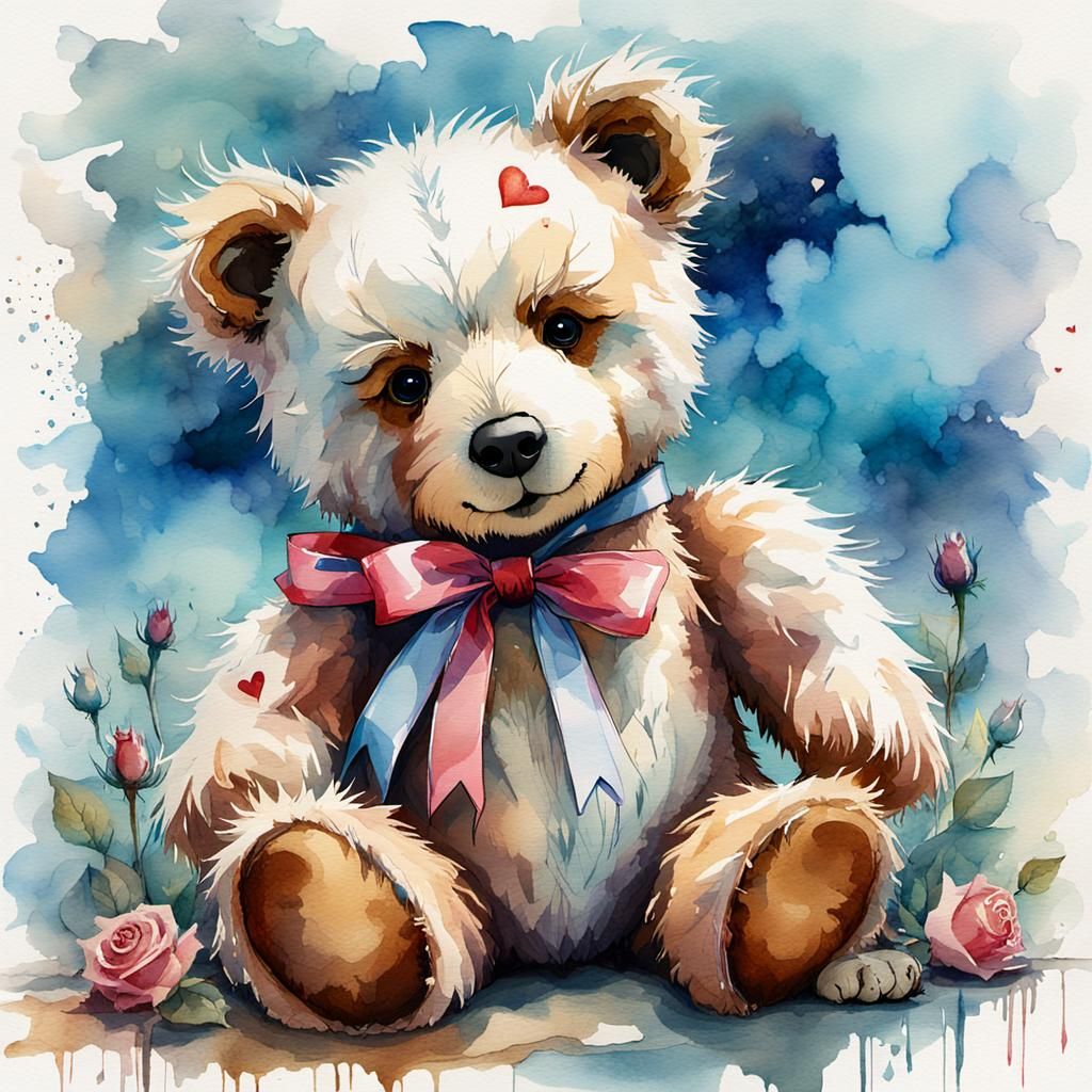 Watercolor Teddy Bear Fantasy with Roses and Hearts