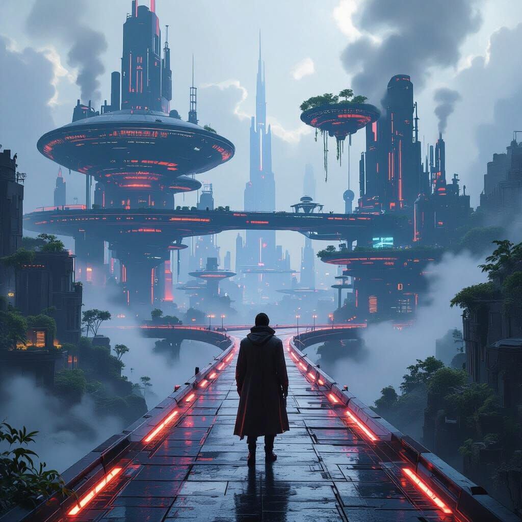 Cyberpunk Traveler Between Utopia and Dystopia
