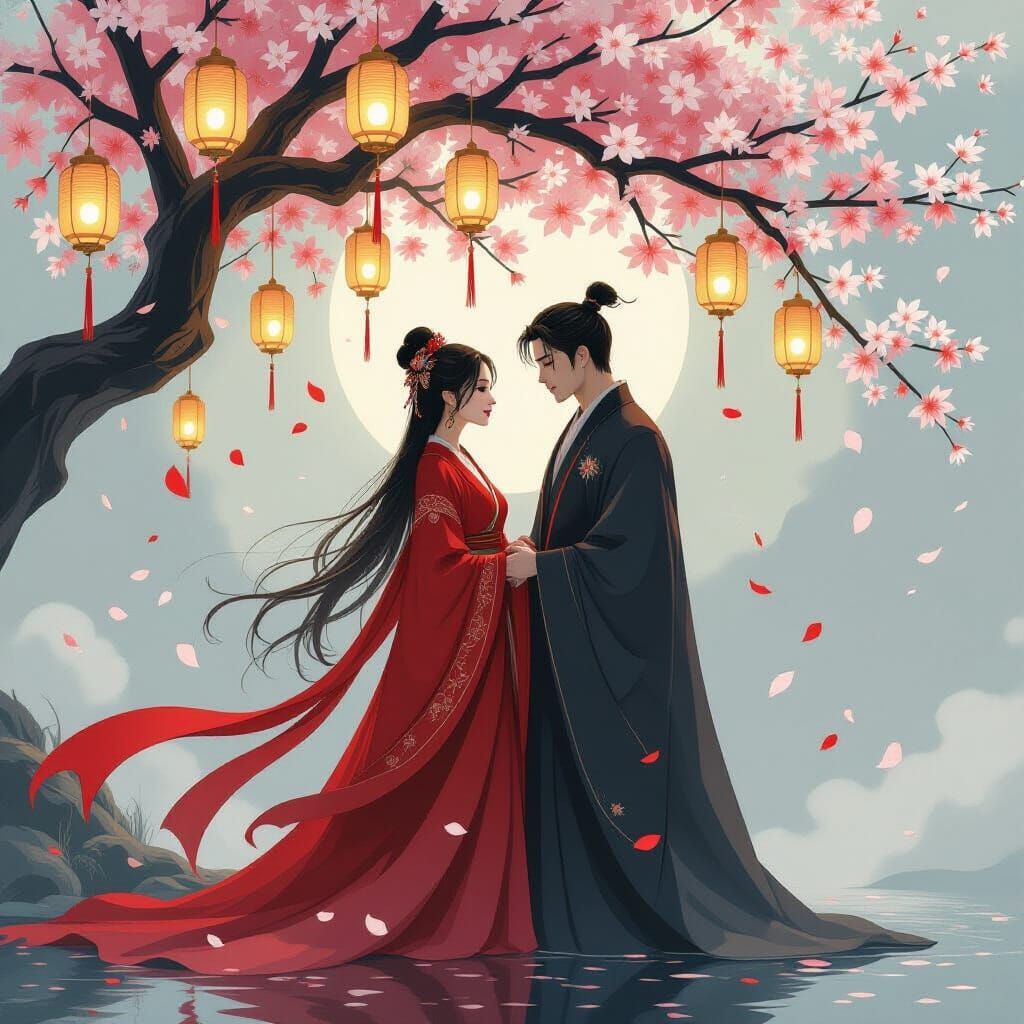 Romantic Night Scene Beneath Blossoming Tree