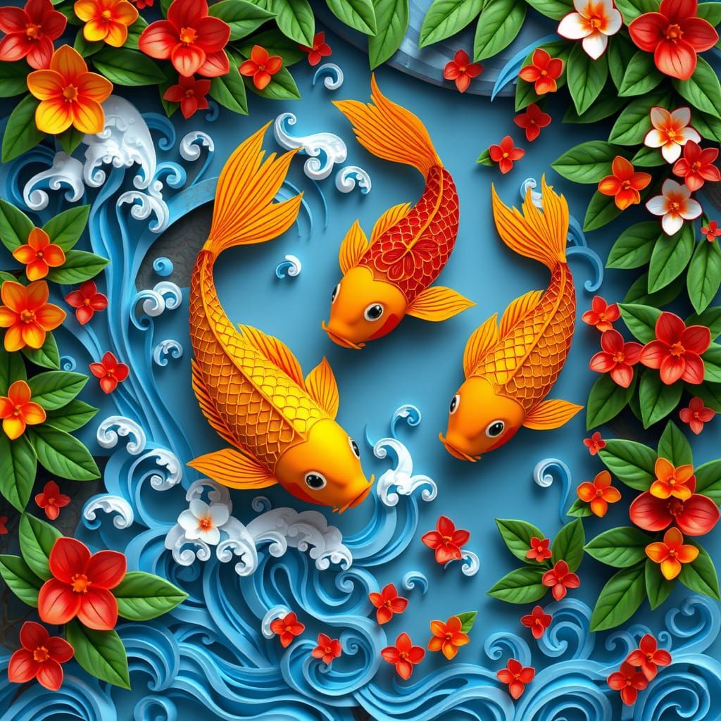A vibrant quilling-style artwork of koi fish swimming in a c...