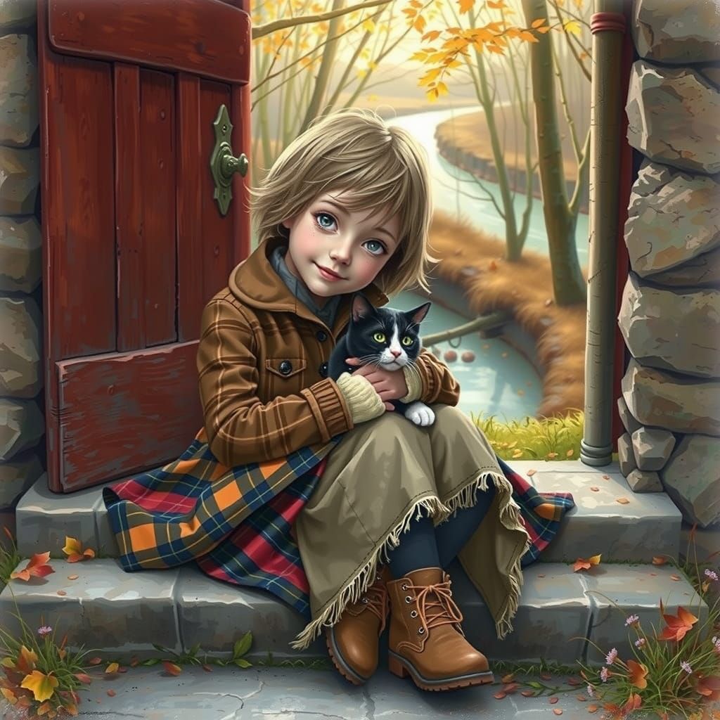 Girl with Cat in Serene Woods as Digital Art