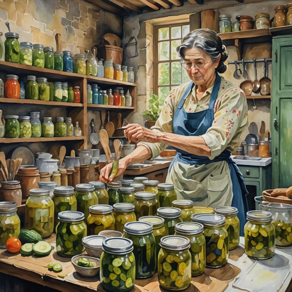 Pickles in French Kitchen, Gouache Watercolor Painting