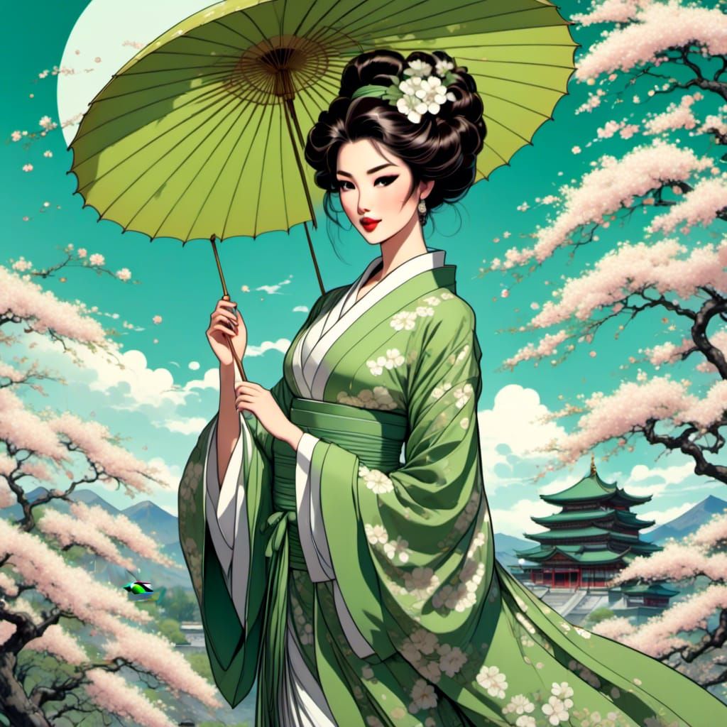 Woman in Kimono with Cherry Blossoms, Comic Style