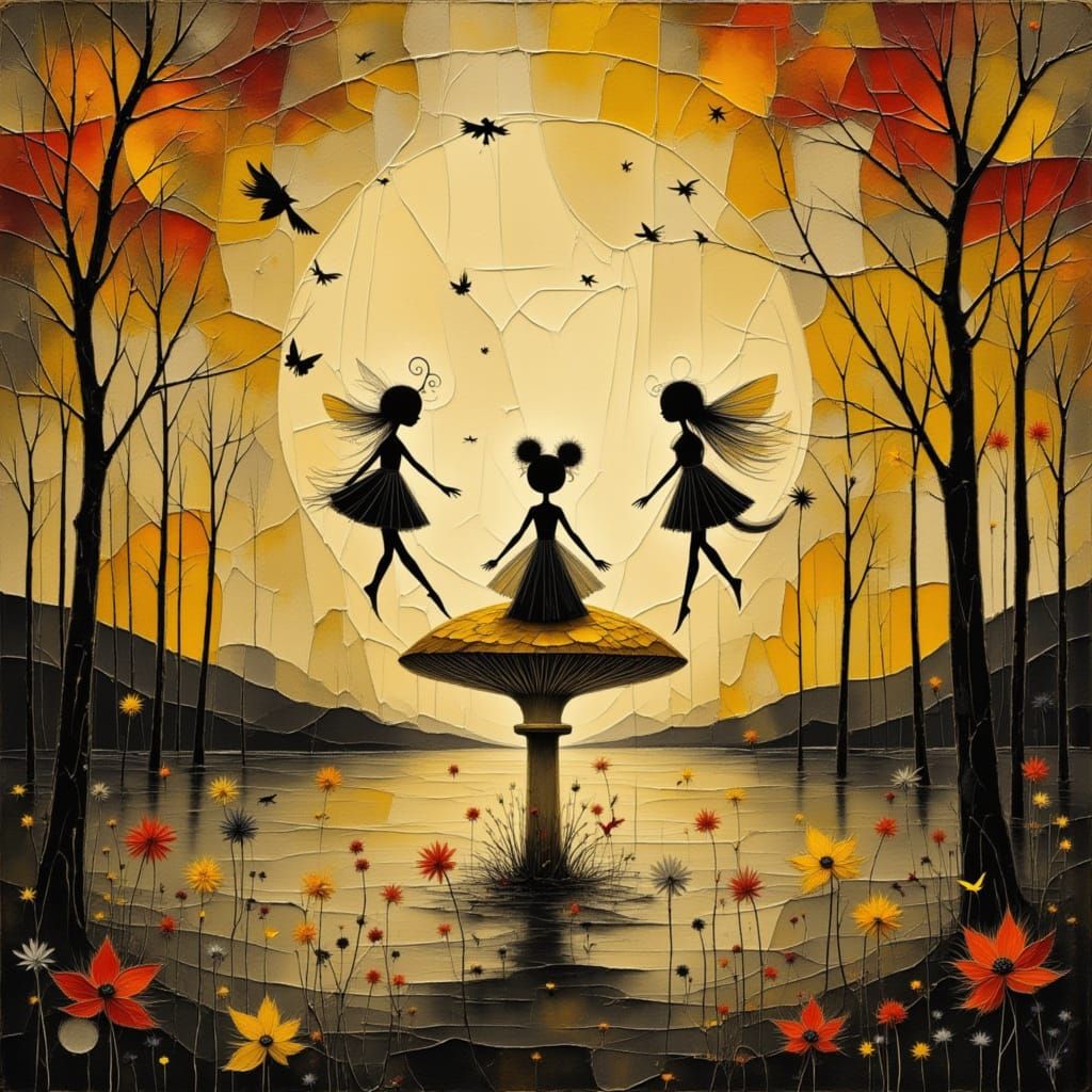 Three Fairies Dancing in Autumn Wood