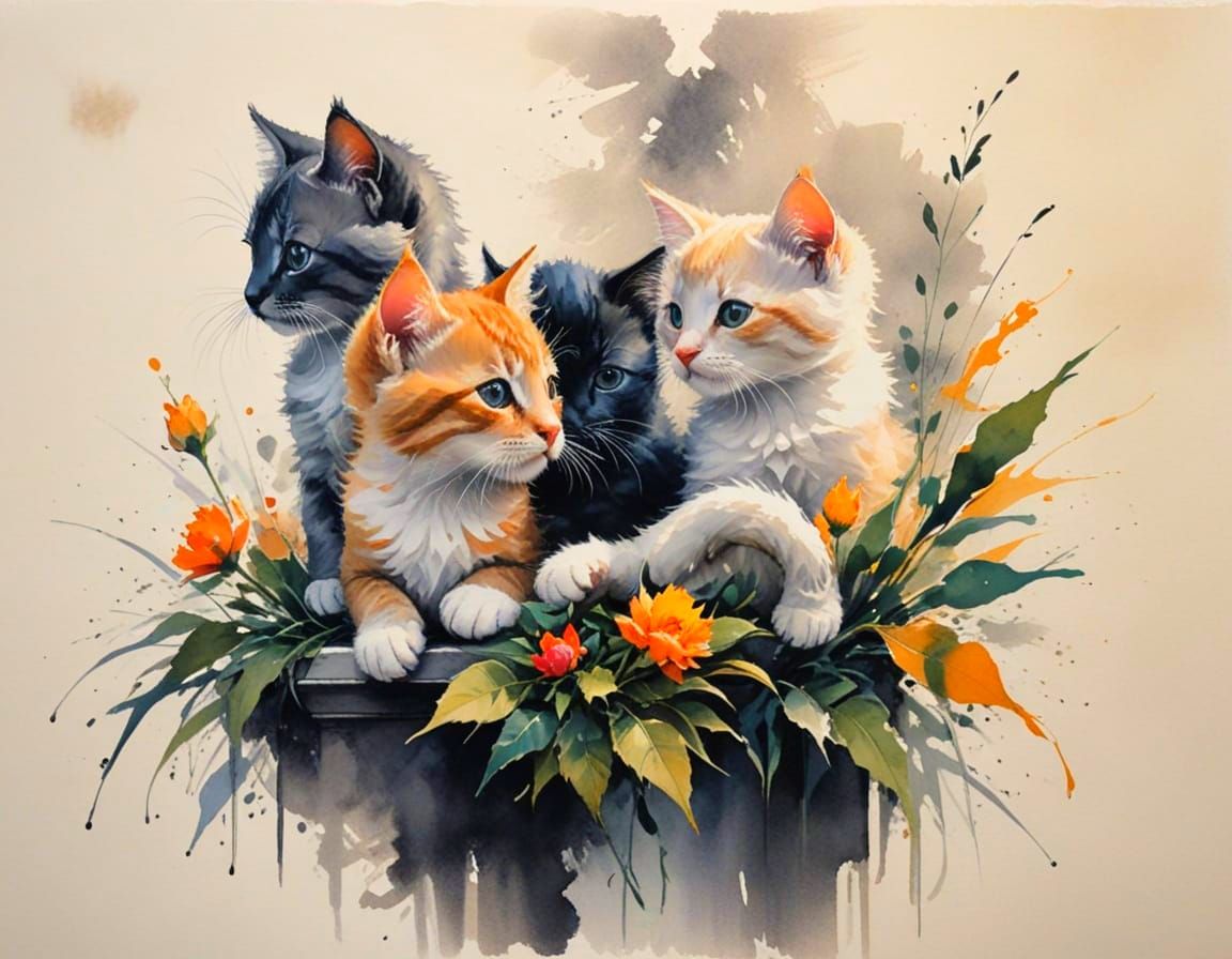 Adorable Kittens on Windowsill in Vibrant Ink Wash Style