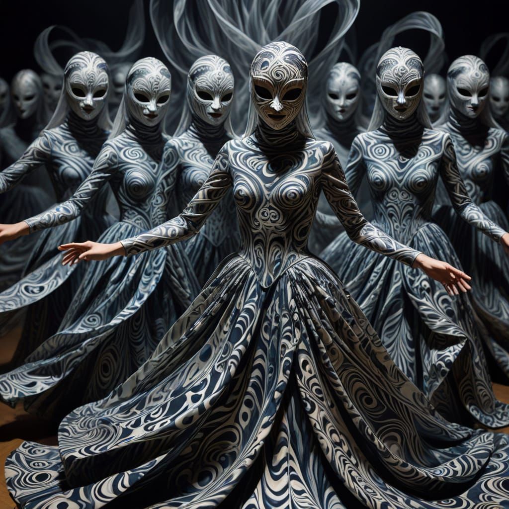 Surreal Op-Art Masquerade in Overlapping Patterns