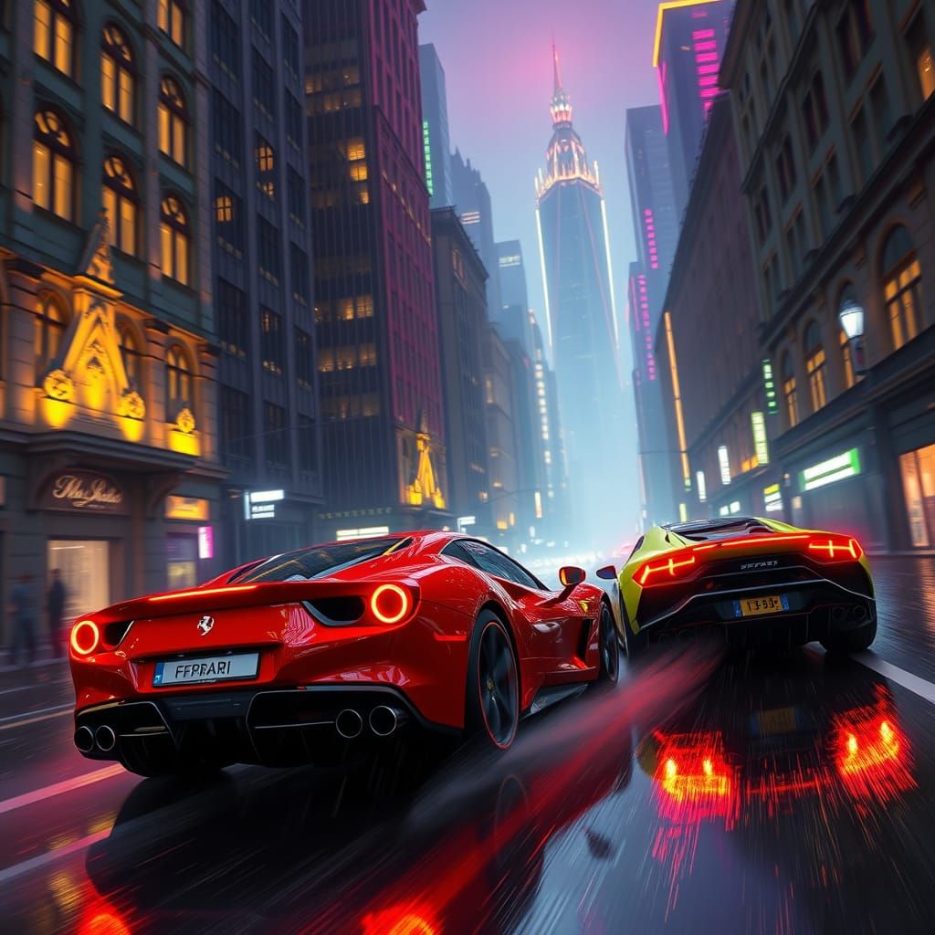 Neon-Fueled Ferrari V12 Speeds Through Futuristic Bergen Cit...