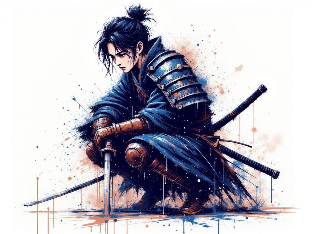 Samurai in Crouching Pose in Watercolor Style