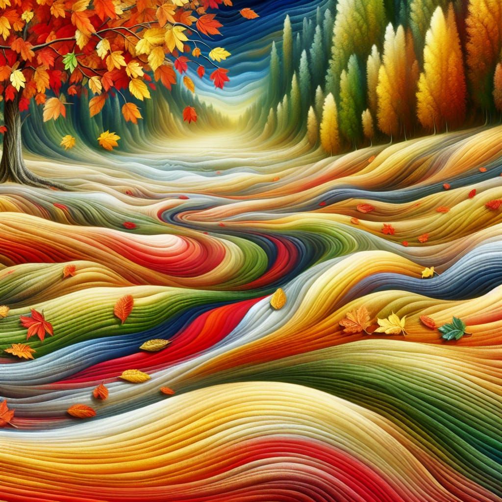 Surreal Autumn Landscape with Flowing Leaf River