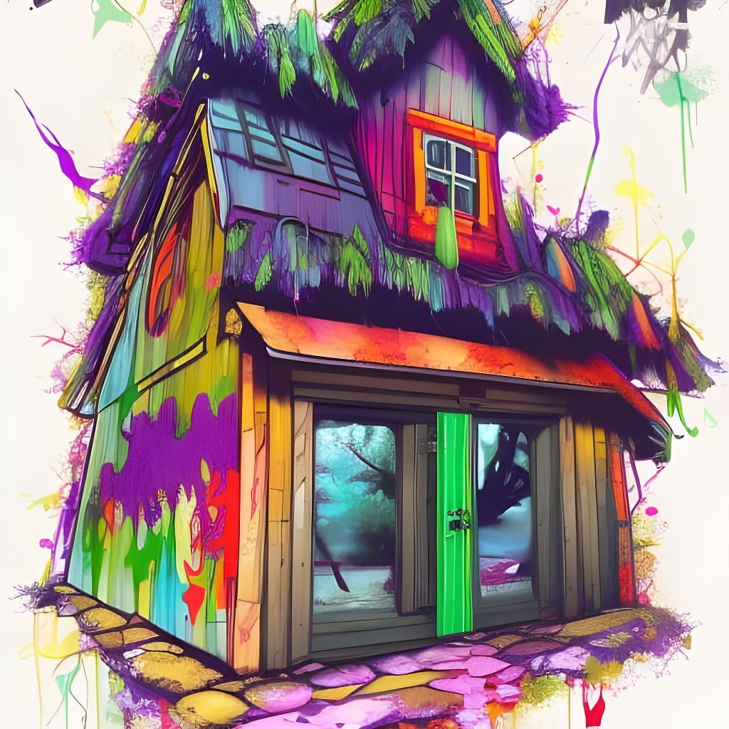 Colorful Graffiti Cottage in Forest Scene