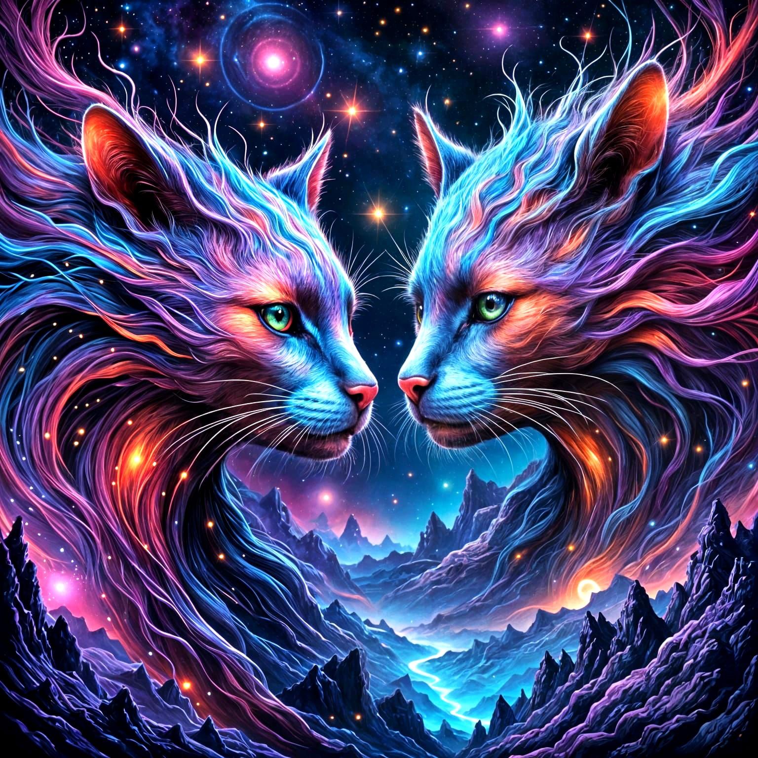 Surreal Neon Felines Explore Cosmic Realms