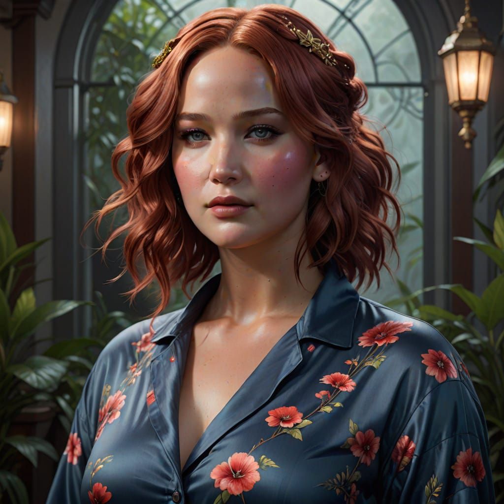 Jennifer Lawrence in Pajamas with Vibrant Red Hair