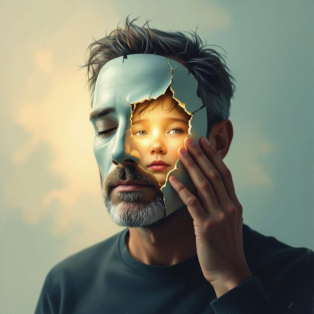 Man Reveals Inner Child's Face as Mask Comes Off