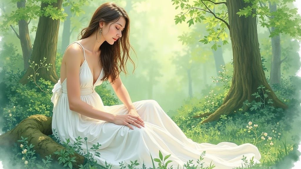 Woman in Tranquil Forest, Wet-Wash Watercolour Style