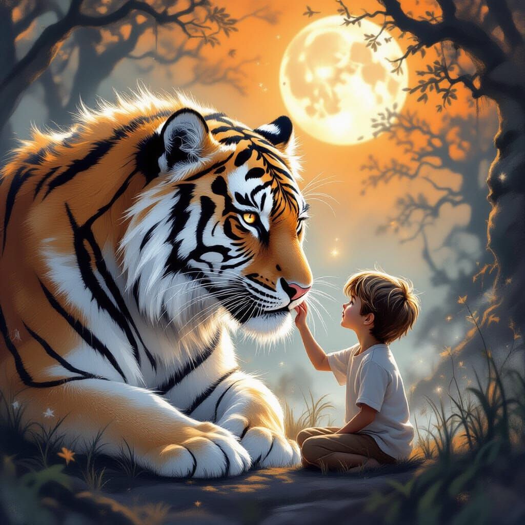 Boy and Ghostly Tiger in Ancient Moonlit Forest