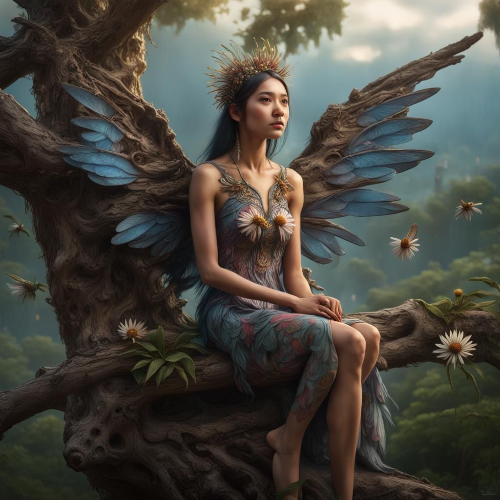 Asian Woman with Coneflower Dress and Wings