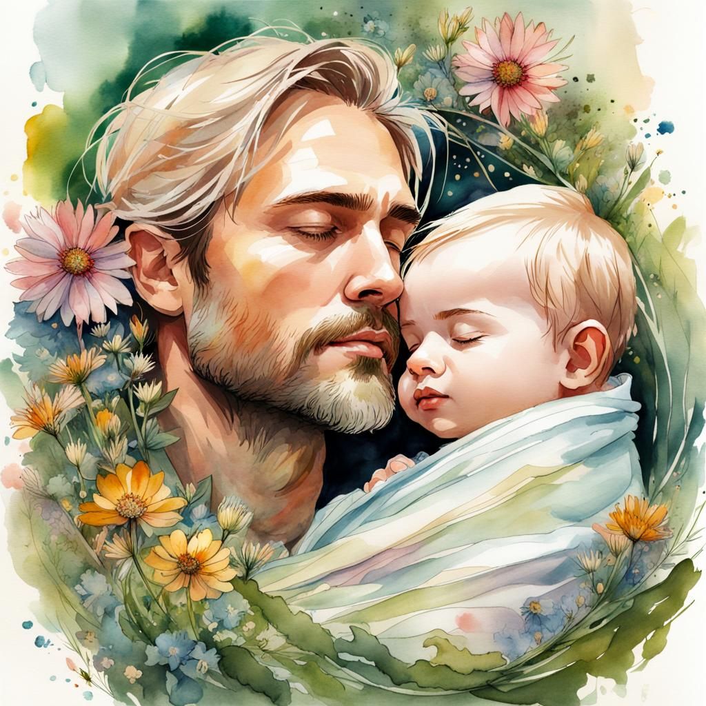 Watercolor Father and Child Surrounded by Flowers