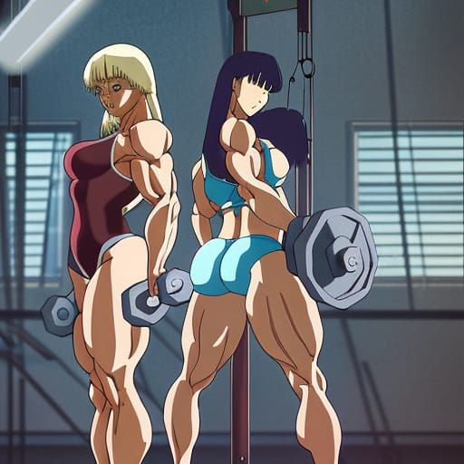Muscular Women Weightlifting in Studio Ghibli Style