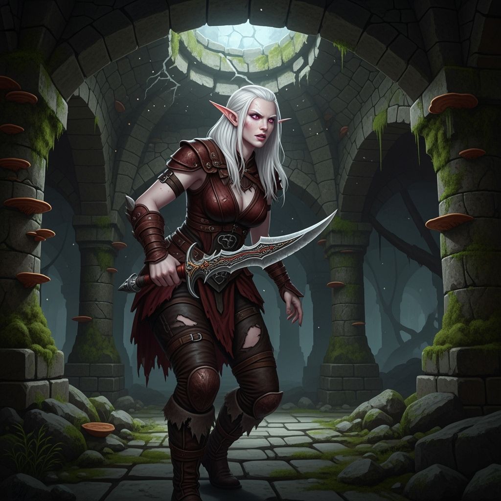 Albino Elf Warrior Explores Ancient Dungeon with Wicked Knif...