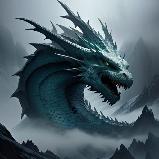 Menacing White Dragon with Green Eyes in Dark Fantasy Art
