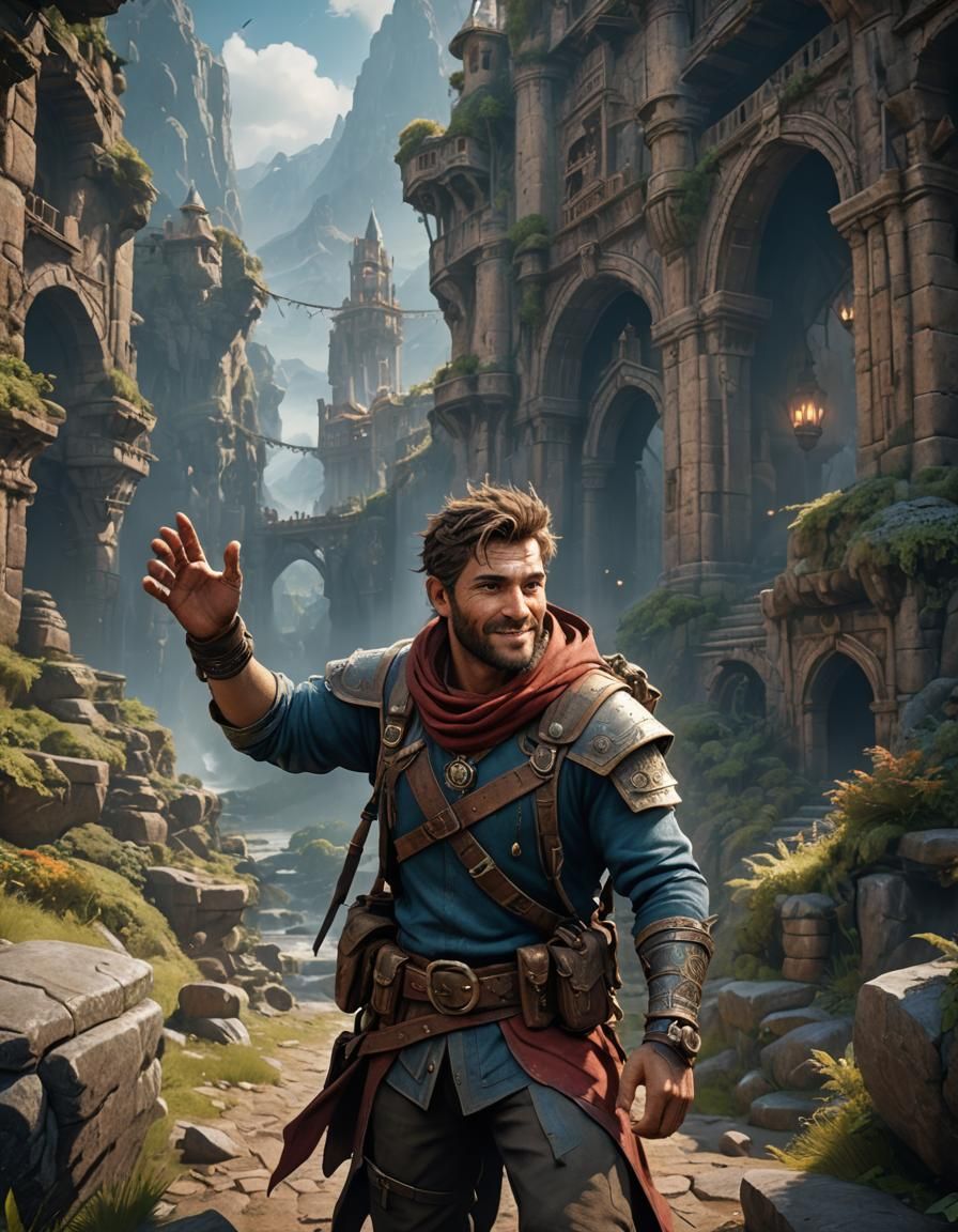 Happy Male Adventurer in Detailed Matte Painting