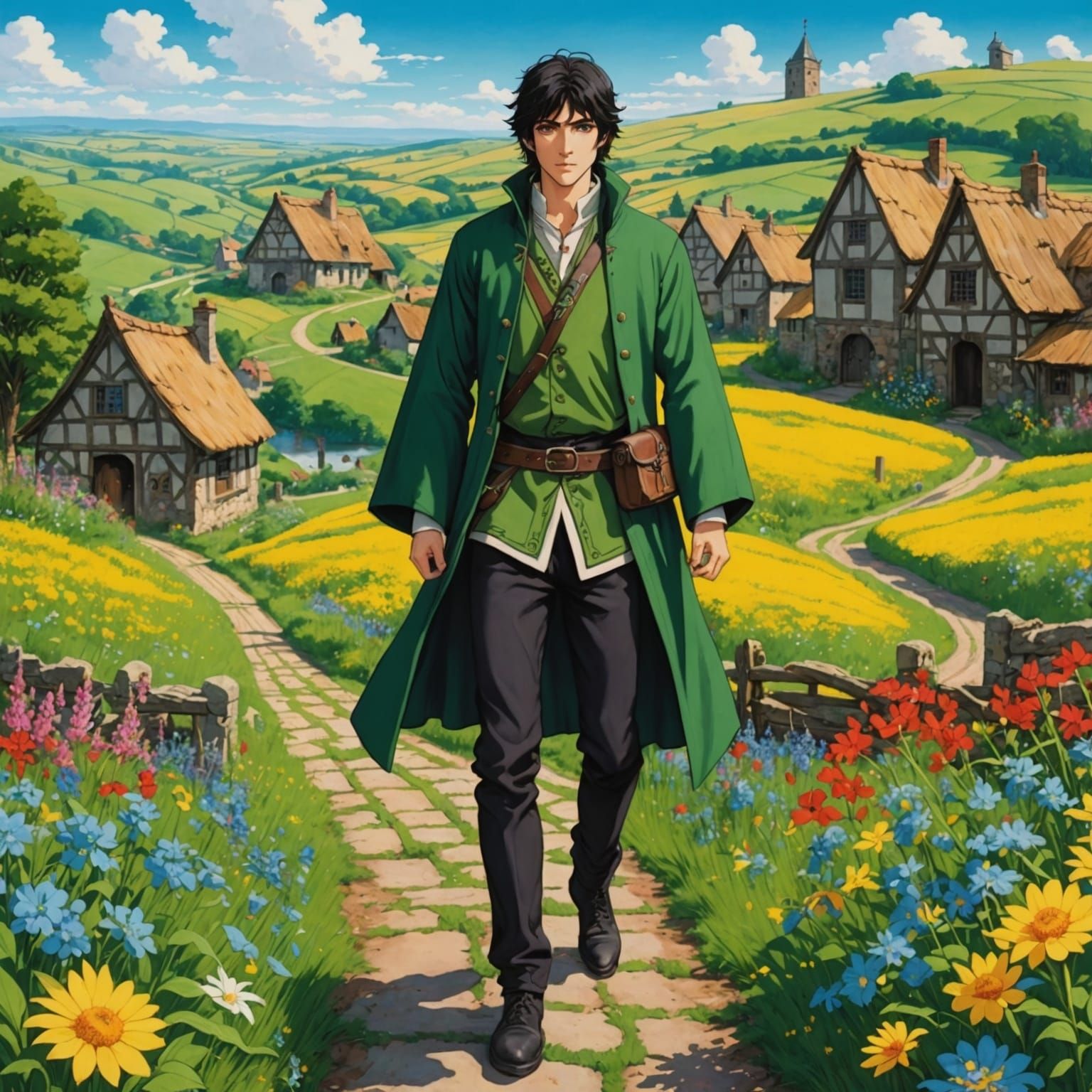 Anime Man at Crossroads in Medieval Countryside