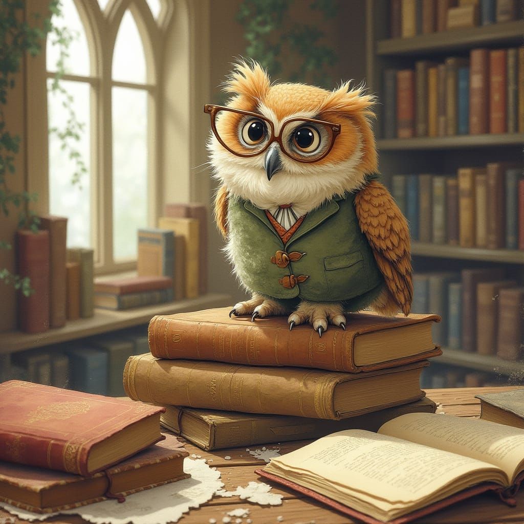 Whimsical Owl in Library, Watercolor Style