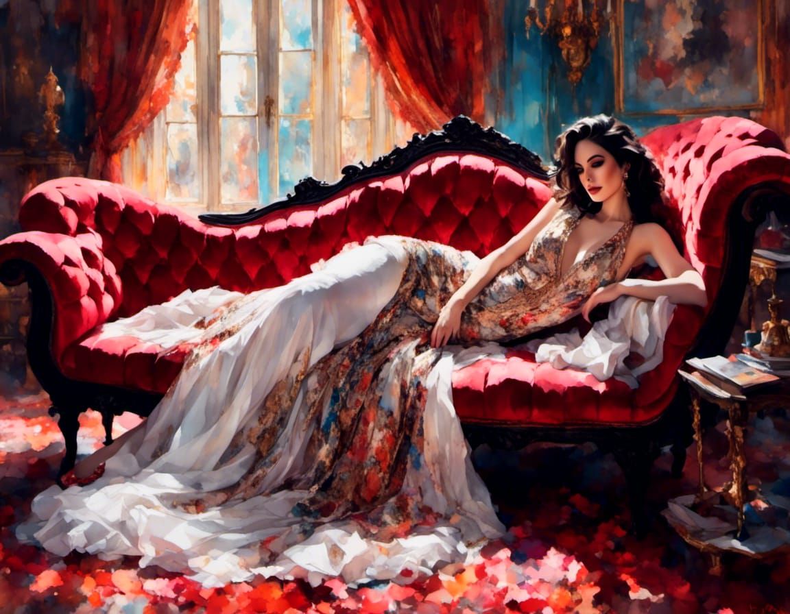 Brunette Reclining in Chaise Lounge: Hyperrealistic Portrait