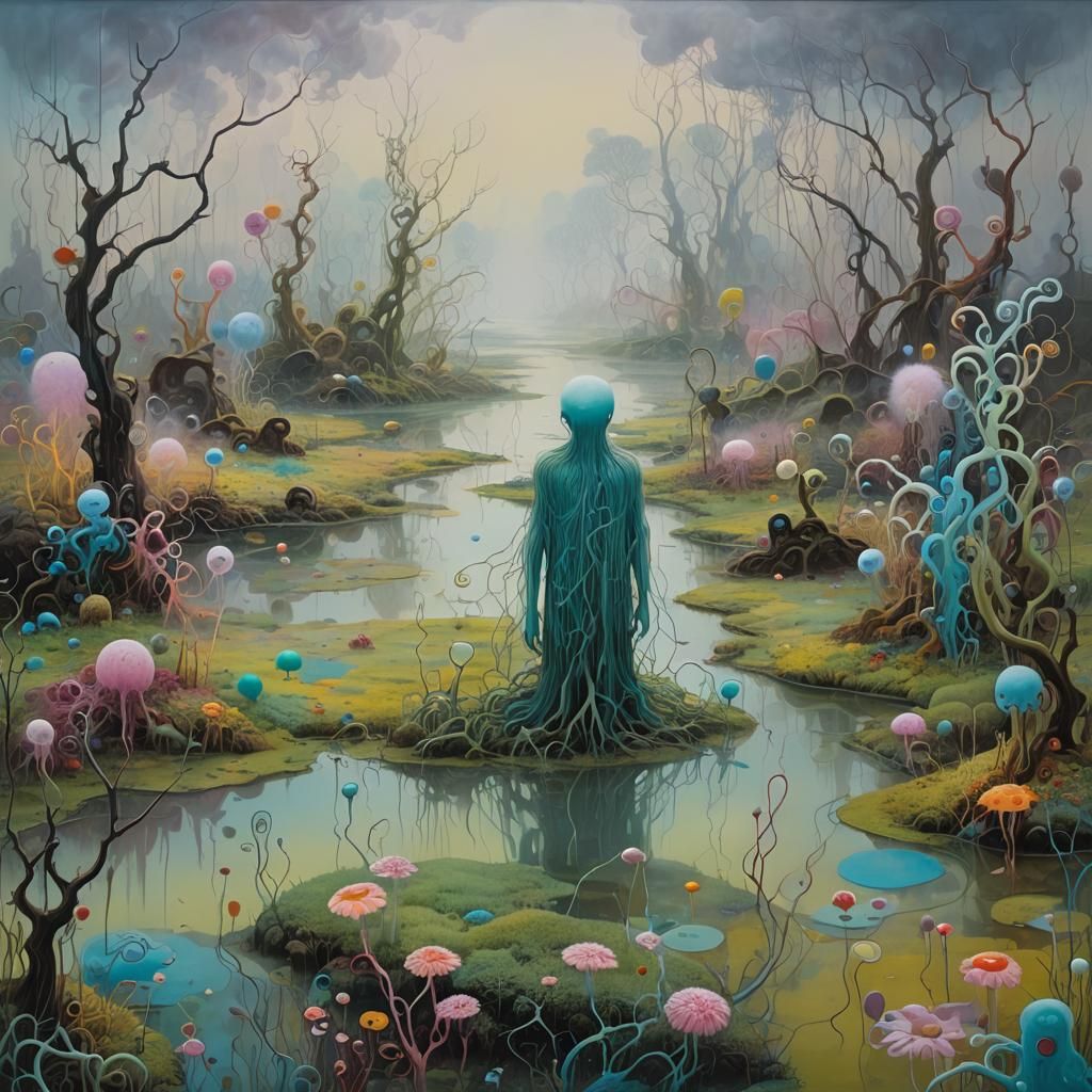 Surreal Swamp Creature in Dreamlike Bioluminescent Landscape