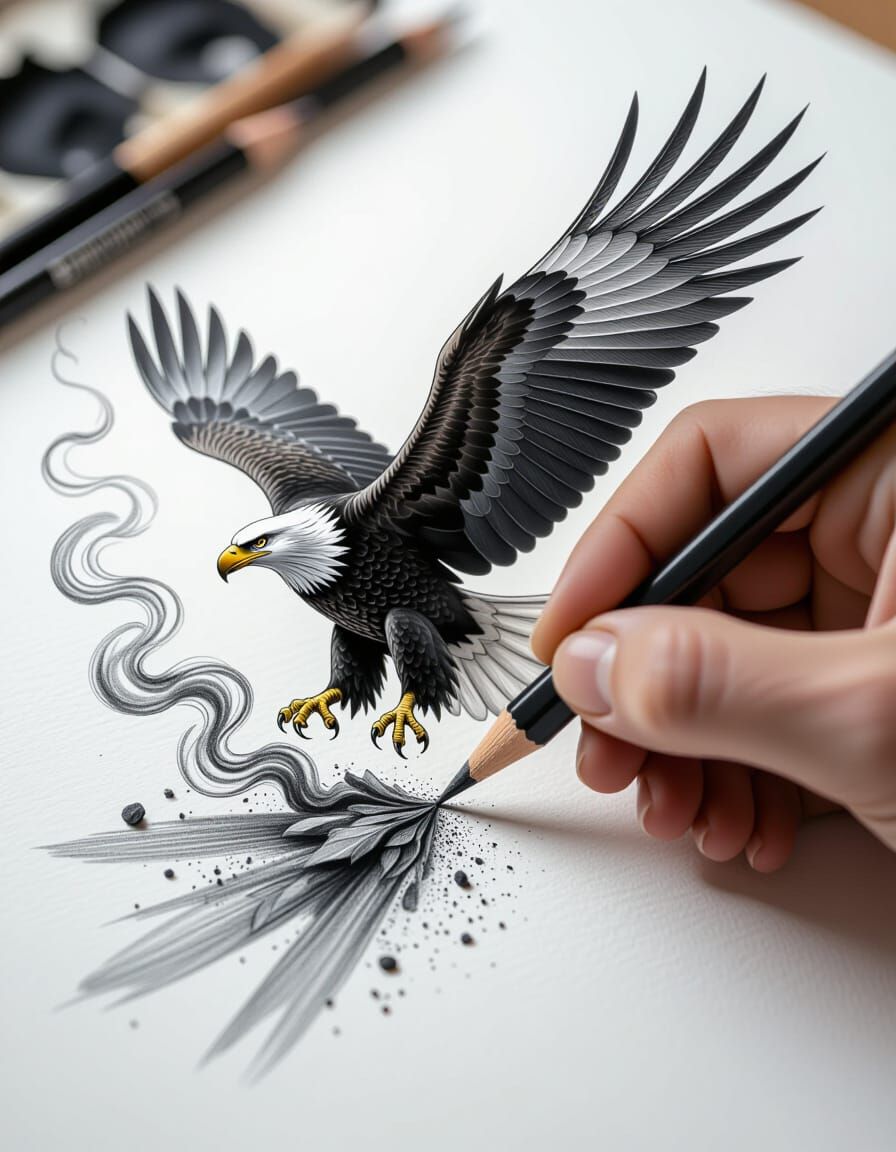 Charcoal Pencil Sketches Eagle Taking Flight in Macro View