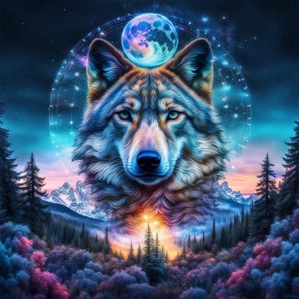 Holographic Wolf Landscape Double Exposure