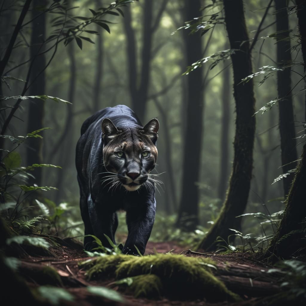 Black Puma in Dark Forest: Minimalist Wildlife Photography