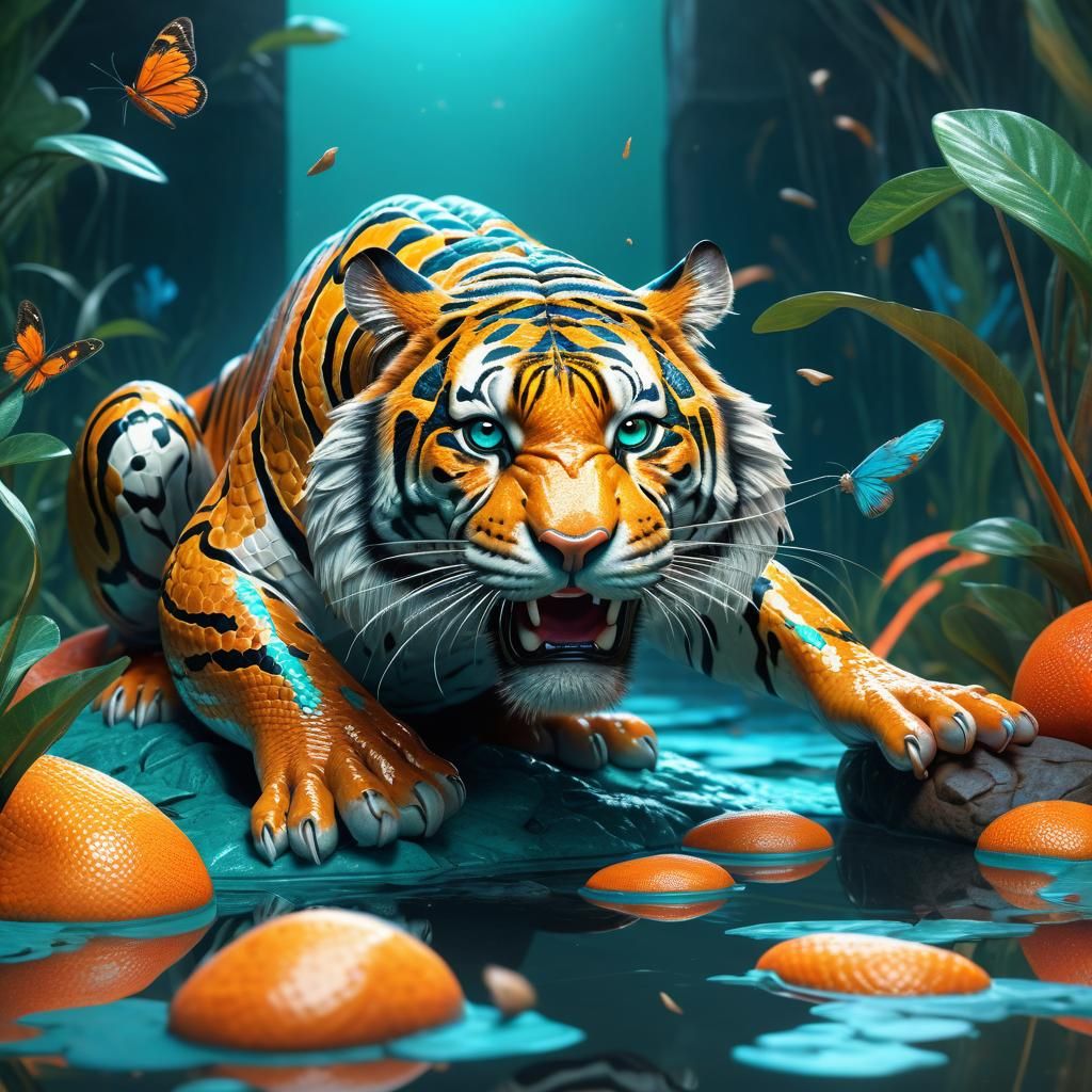 Epic Tiger Python Captures Mouse: Detailed Concept Art