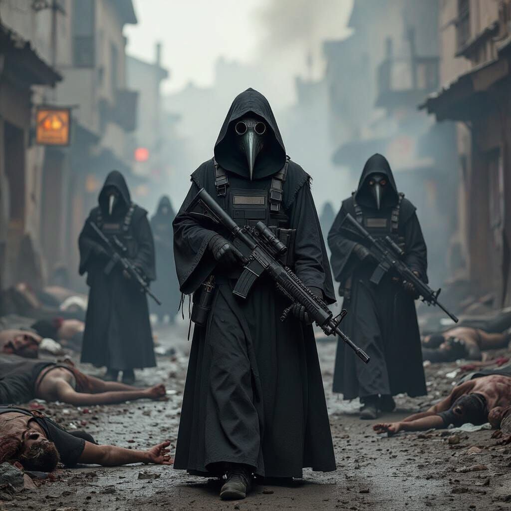 Plague Doctors in War-Torn Streets: A Dark Scene