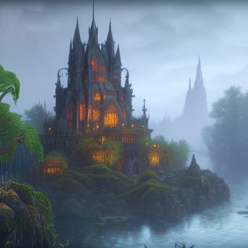 Fantastical Swamp Castle Concept Art in 8k