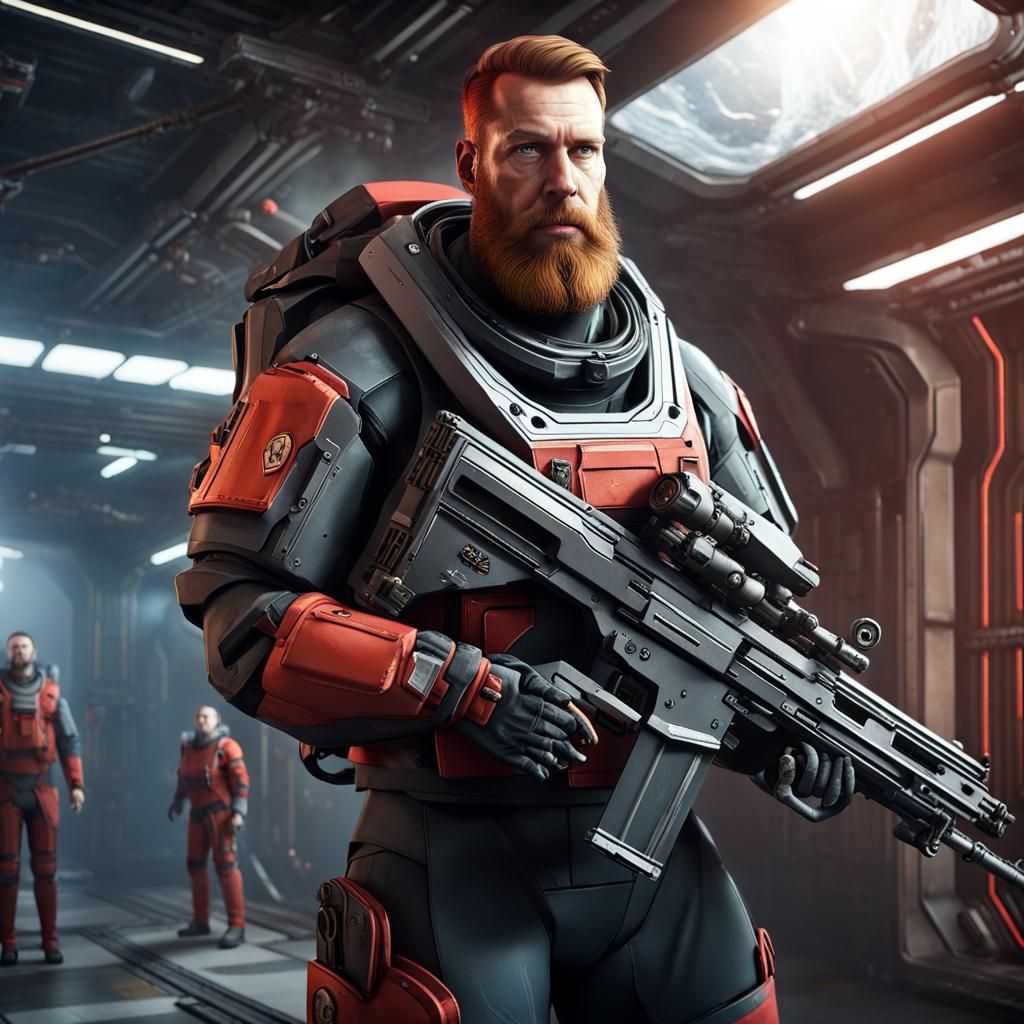 Armored Space Station Guard in Detailed Matte Painting