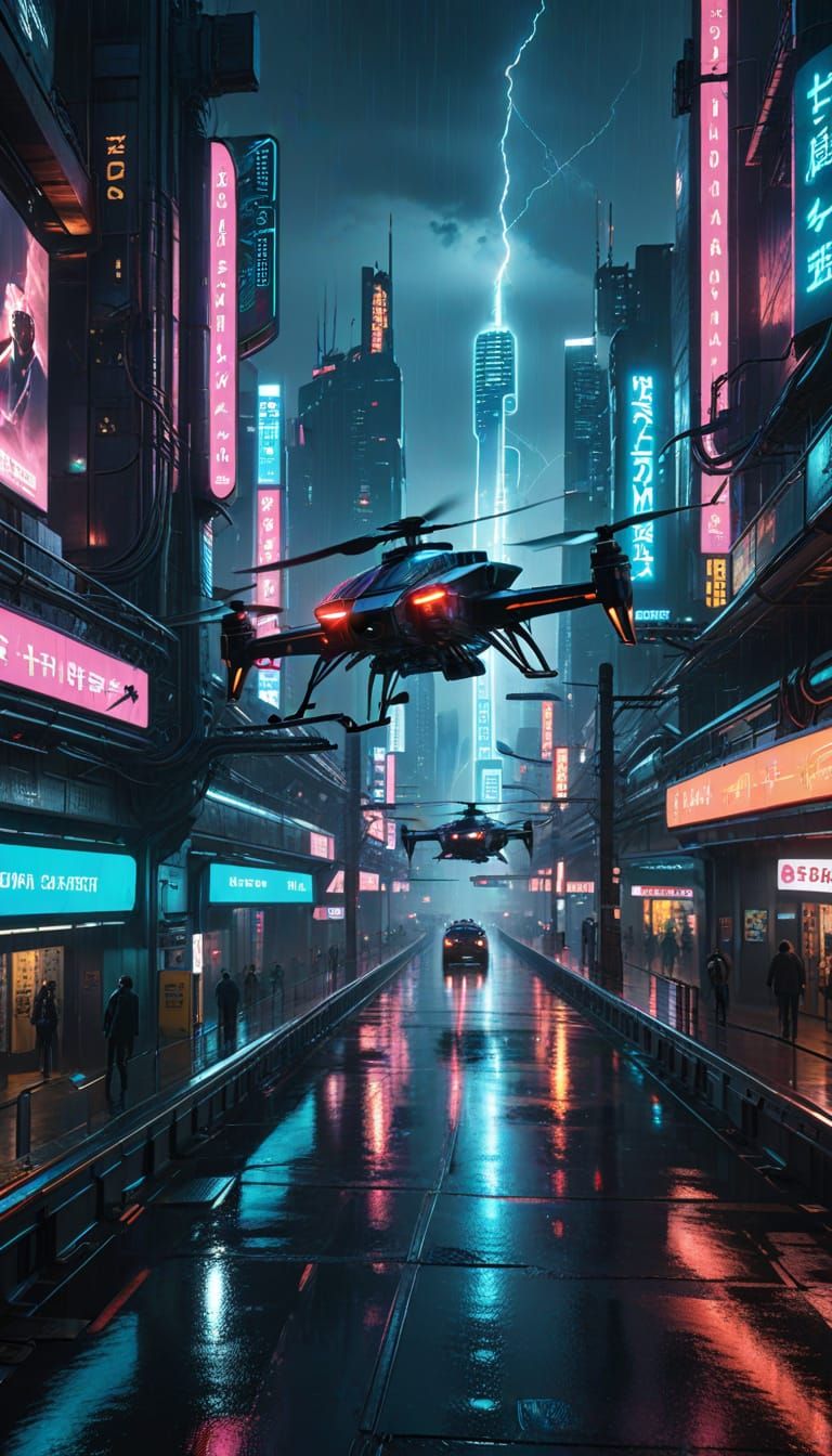 Cyberpunk Cityscape at Night: Futuristic Metropolis with Neo...