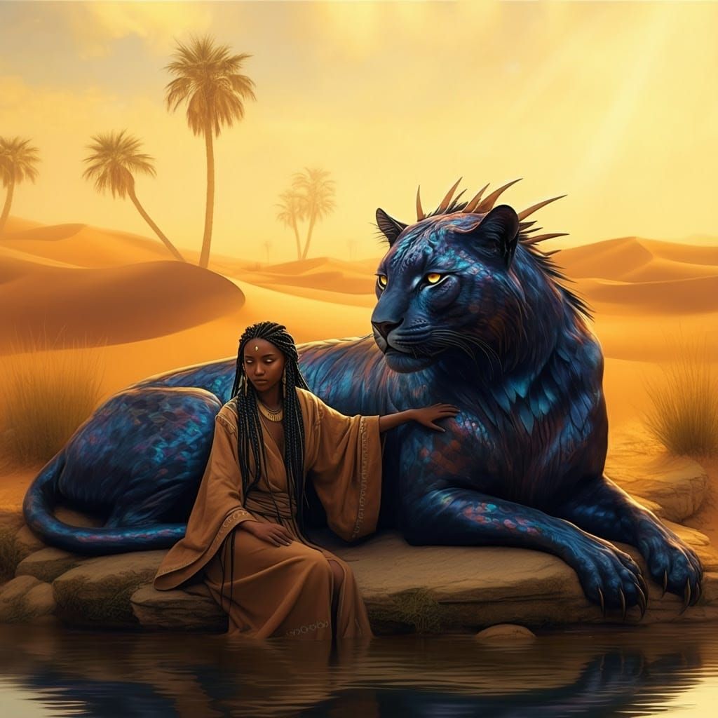 Golden Desert Oasis with Majestic Feline Companion