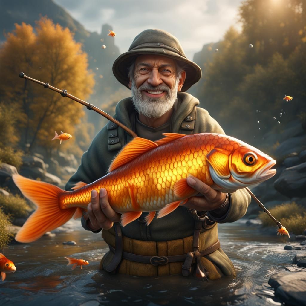 Smiling Fisherman Catches Goldfish: Detailed Digital Paintin...