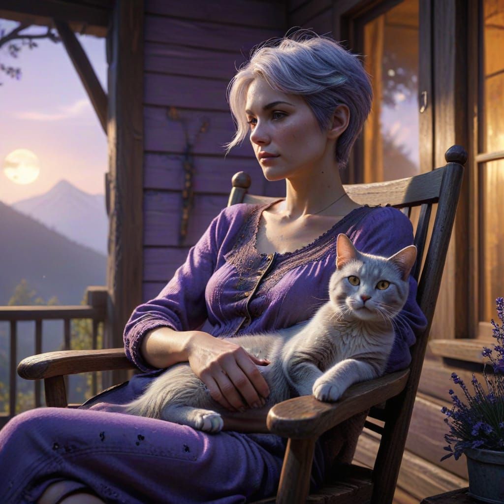 Cabin Porch Scene with Woman and Cat