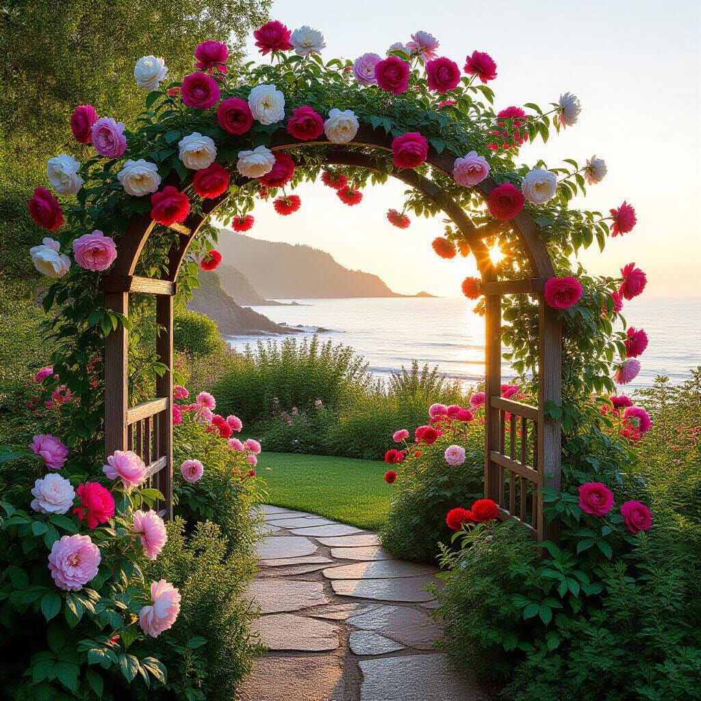 Peony-Covered Arbor in Dewy Seaside Garden