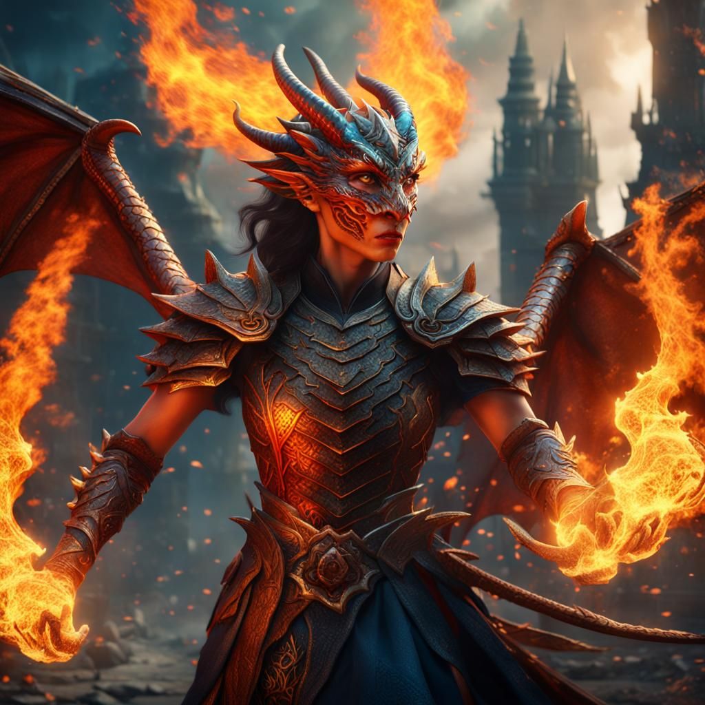 Fantasy Dragon Lady Breathing Fire in Digital Art