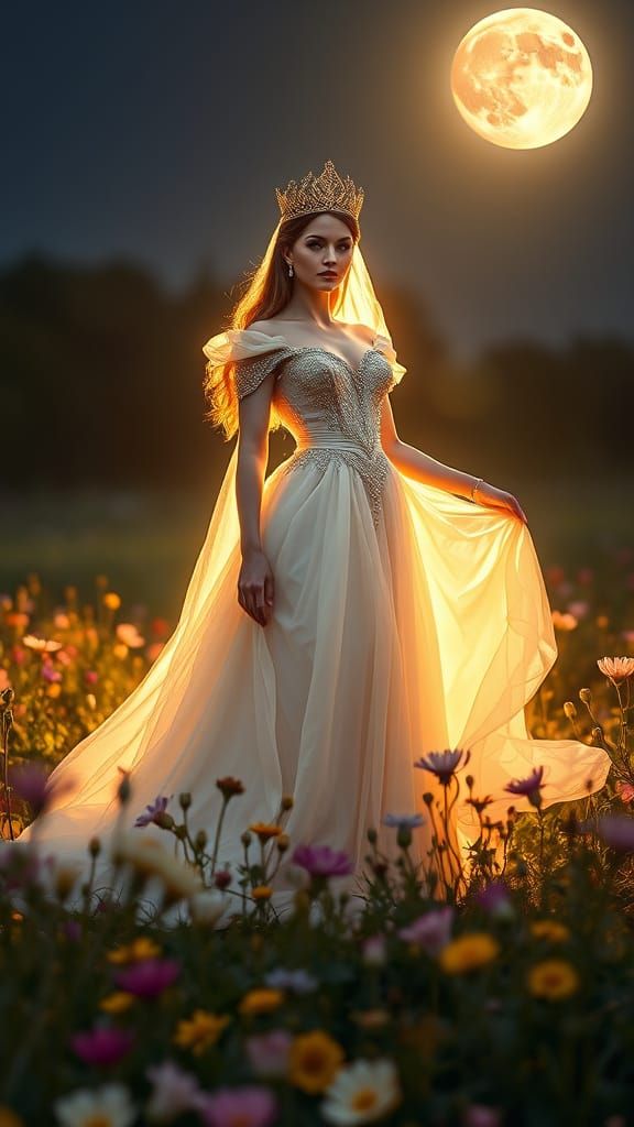 Moonlit Queen in Floral Meadow with Bokeh