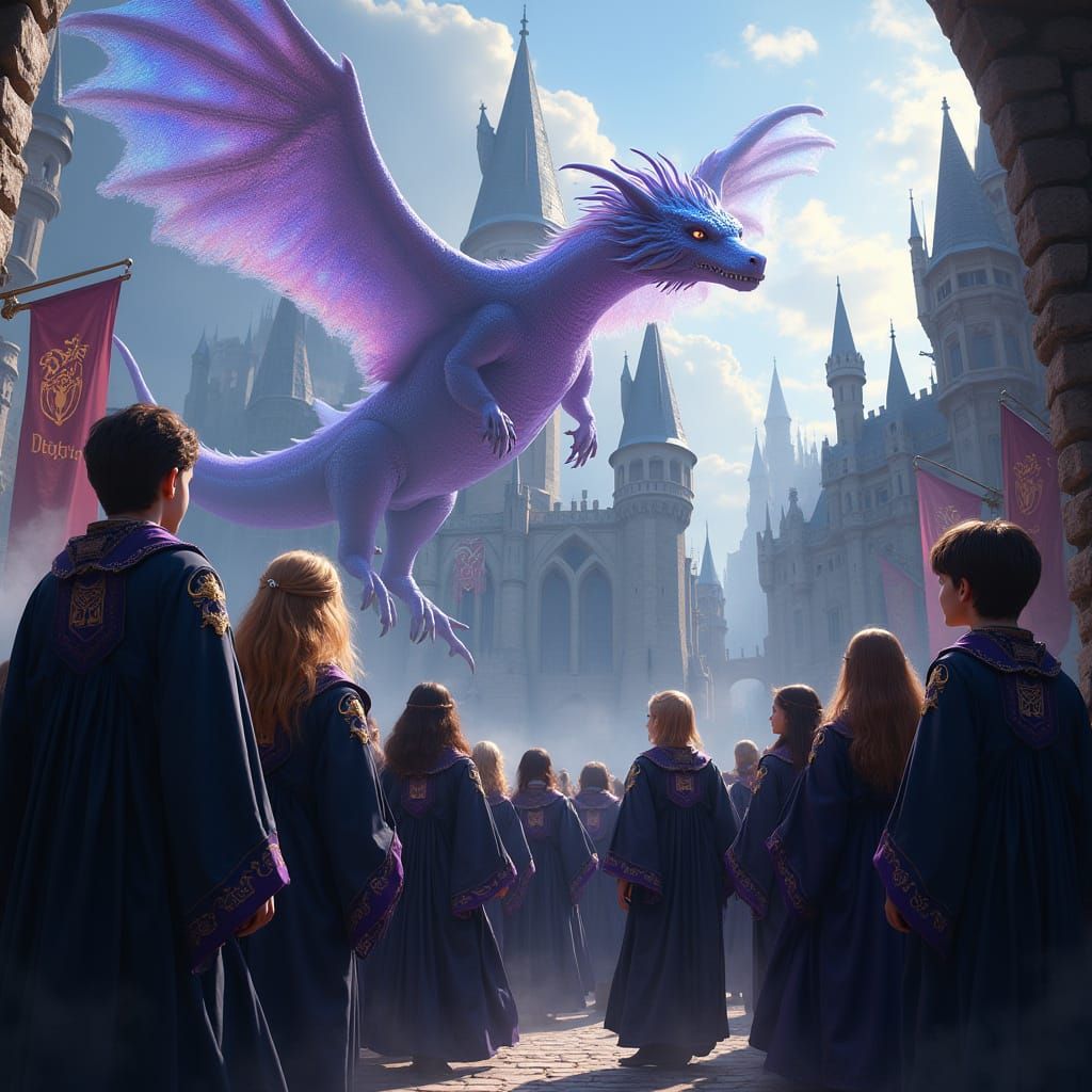 Students in Black and Purple Robes Gather Outside a Majestic...