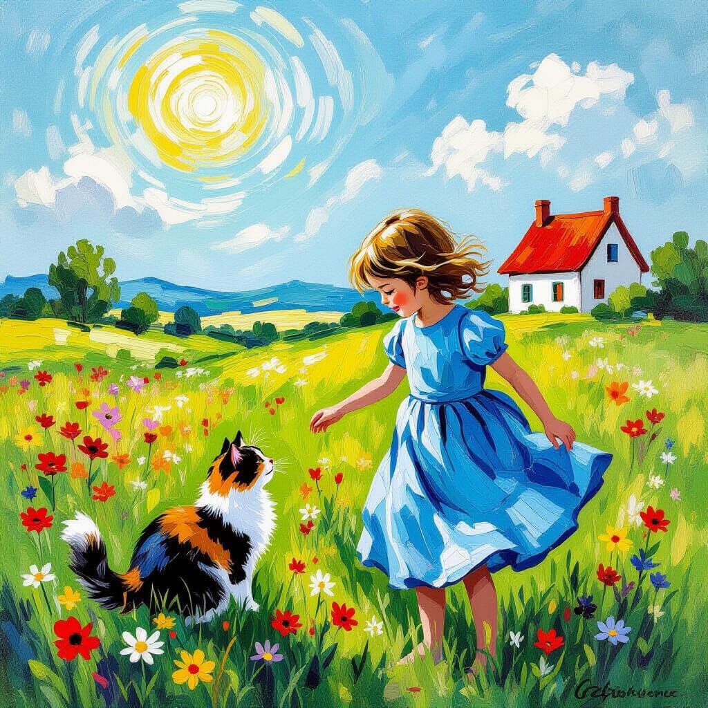 Girl and Cat Play in Wildflower Meadow Near Cottage