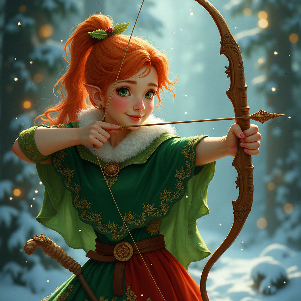 Festive Christmas Elf Archer in Dreamy Illustration Style