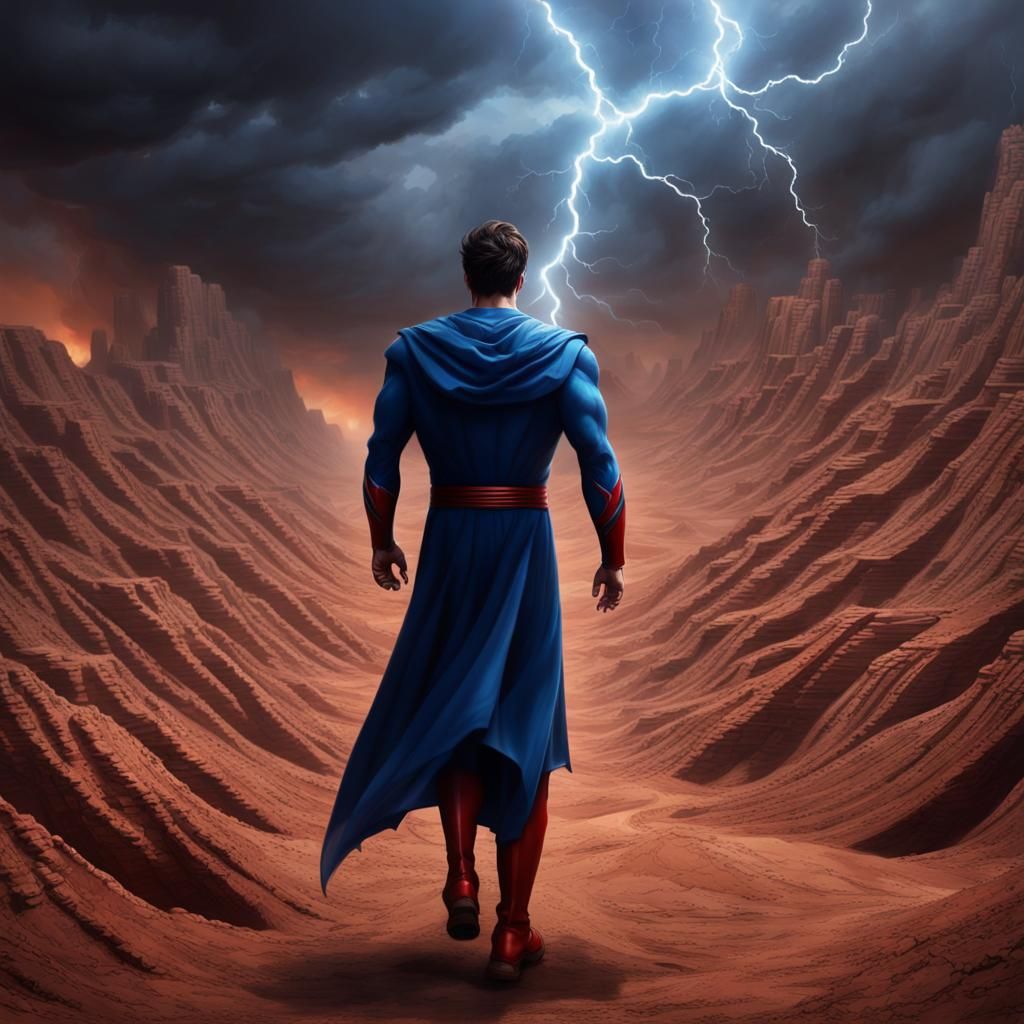 Superhero Flies Above Canyons in Digital Painting
